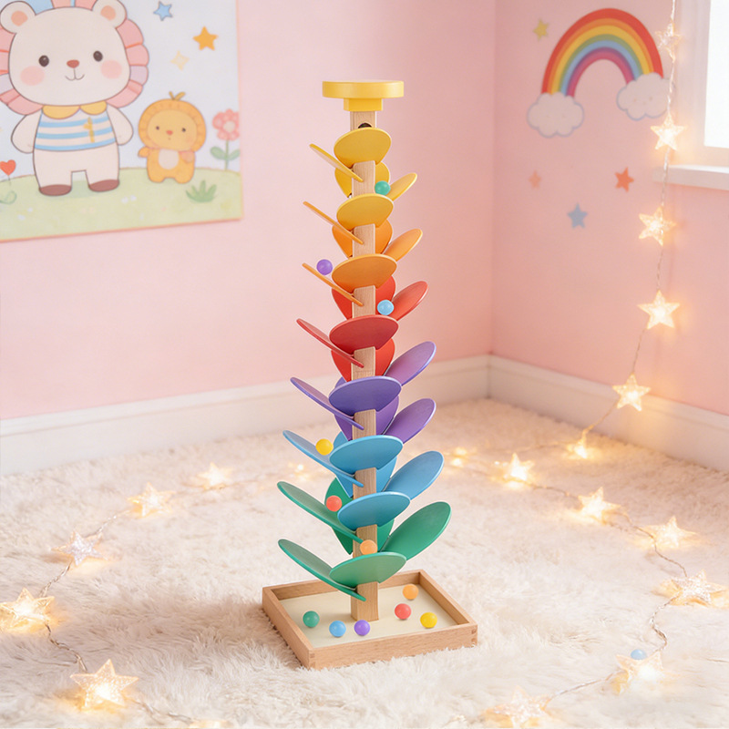 Toddler Learning Tower - Drewniany tęczowy drzewko muzyczne z piórkami
